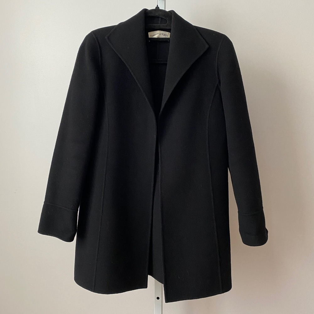 Bloomingdales sz 2P Black 100% Wool Trench Coat Luxury Minimalist